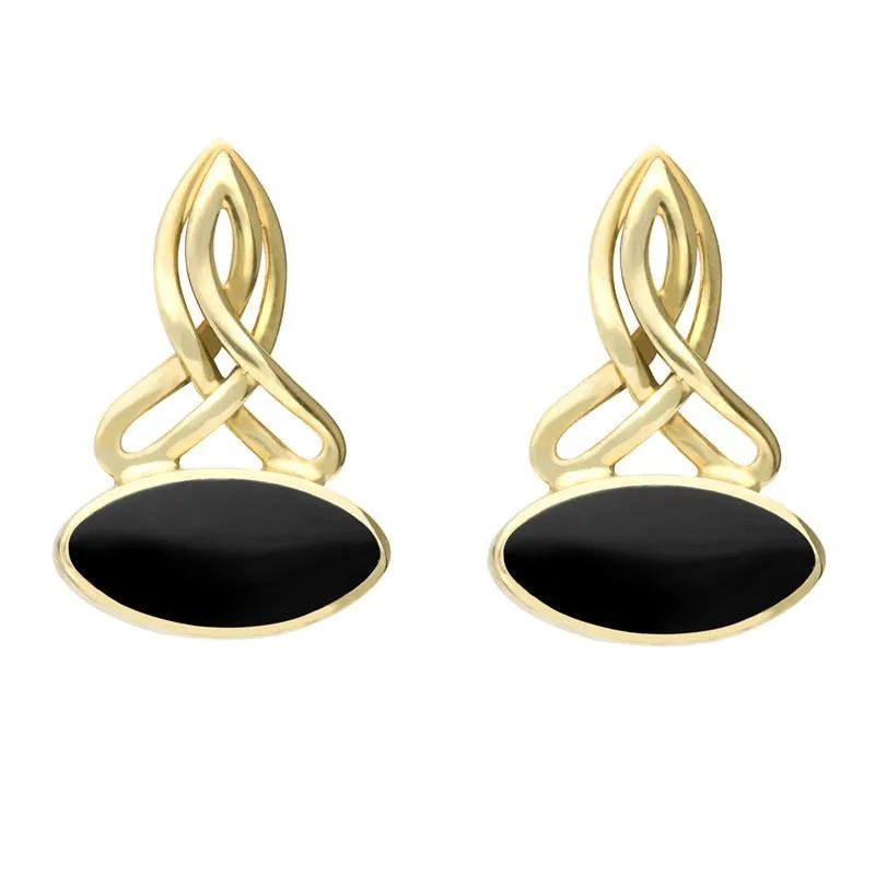 9ct Yellow Gold Whitby Jet Wide Marquise Celtic Stud Drop Earrings sold by Jura Watches