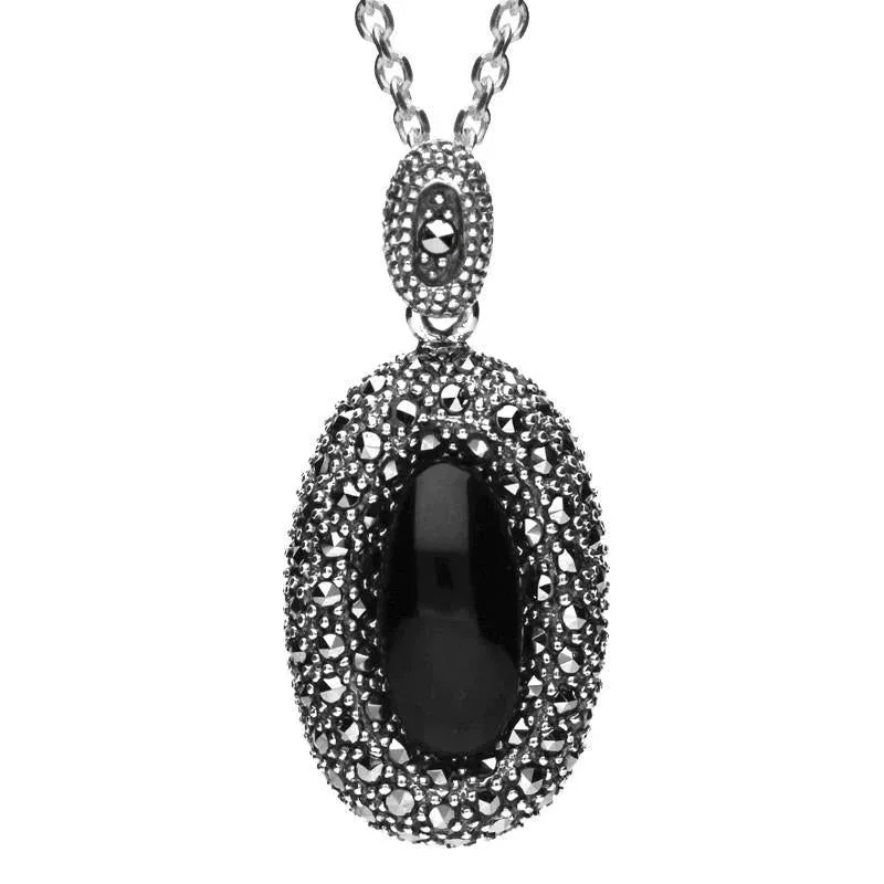 Sterling Silver Whitby Jet Marcasite Rounded Edge Oval Necklace sold by Jura Watches