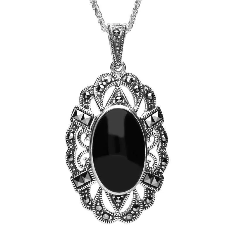 Sterling Silver Whitby Jet Marcasite Oval Lace Edge Necklace sold by Jura Watches