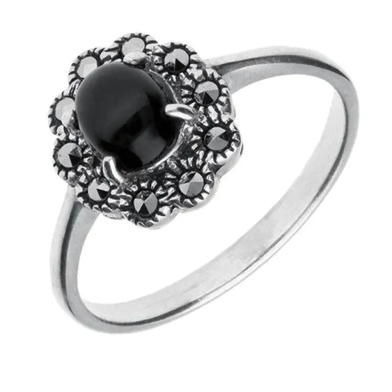 Sterling Silver Whitby Jet Marcasite Domed Oval Beaded Edge Ring sold by Jura Watches