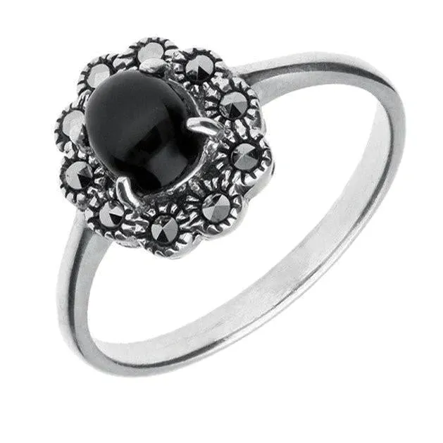 Sterling Silver Whitby Jet Marcasite Domed Oval Beaded Edge Ring sold by Jura Watches
