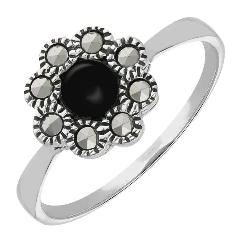 Sterling Silver Whitby Jet Marcasite Round Beaded Edge Ring sold by Jura Watches