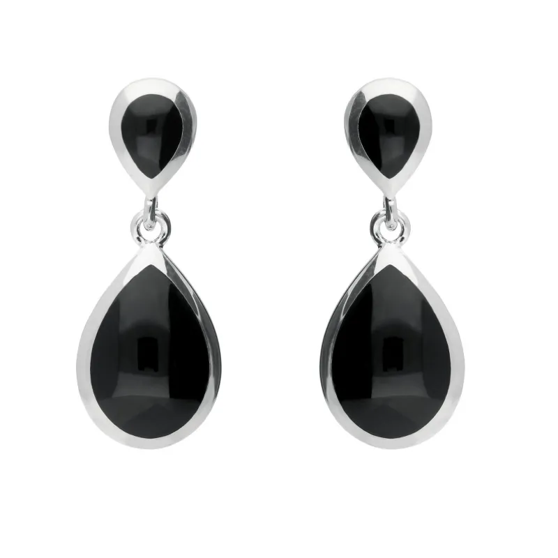 Sterling Silver Whitby Jet Double Pear Drop Earrings sold by Jura Watches