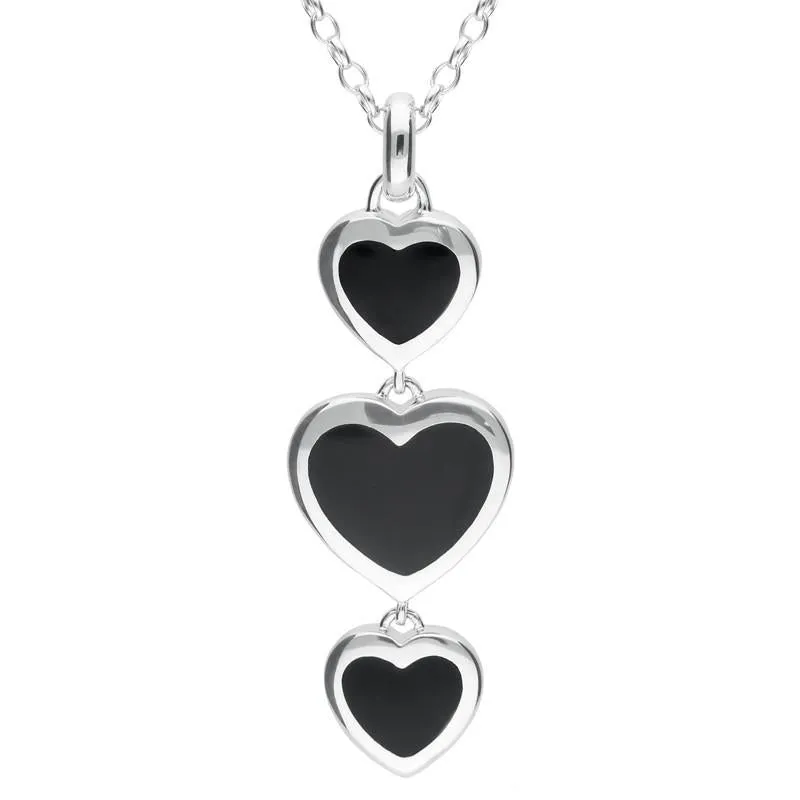 Sterling Silver Whitby Jet Triple Heart Drop Necklace sold by Jura Watches