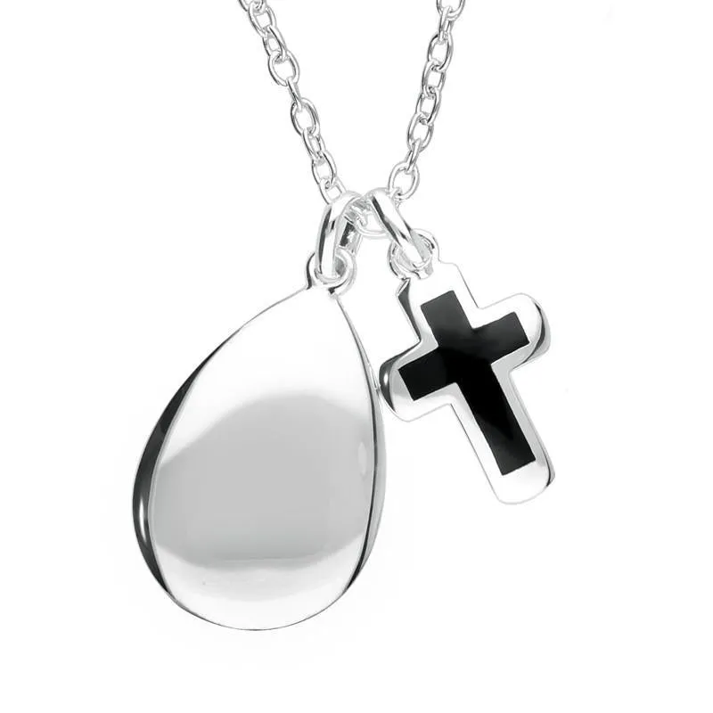 Sterling Silver Whitby Jet Cross and Pear Pendant Necklace sold by Jura Watches
