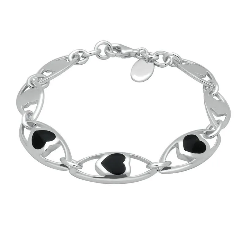 Sterling Silver Whitby Jet Seven Link Heart Bracelet sold by Jura Watches
