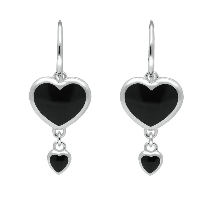 Sterling Silver Whitby Jet Double Heart Hook Earrings sold by Jura Watches
