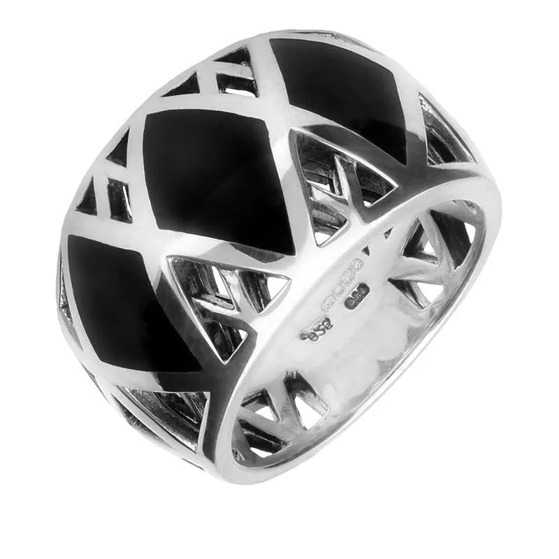 Sterling Silver Whitby Jet Curved Geometric Ring sold by Jura Watches