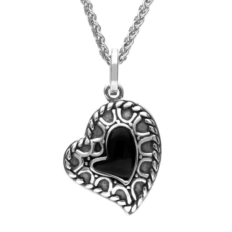 Sterling Silver Whitby Jet Oxidised Patterned Heart Necklace sold by Jura Watches