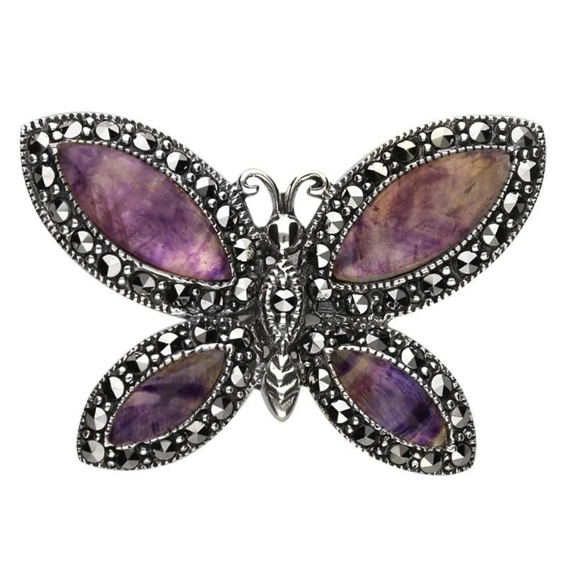 Sterling Silver Blue John Marcasite Four Stone Style & Fashion Butterfly Brooch sold by Jura Watches