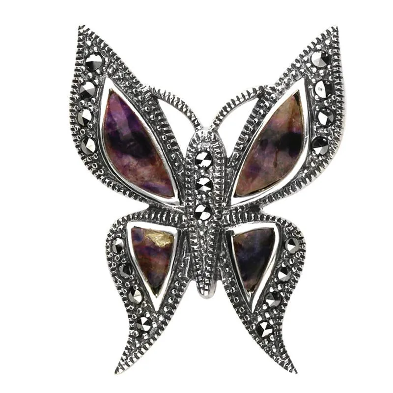 Sterling Silver Blue John Marcasite Four Stone Style & Fashion Butterfly Brooch sold by Jura Watches