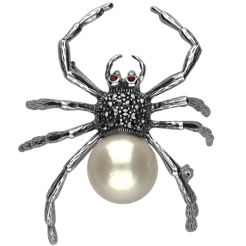 Sterling Silver Marcasite Pearl Garnet Style & Fashion Large Spider Brooch sold by Jura Watches