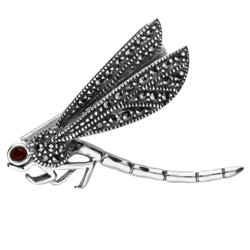 Sterling Silver Marcasite Garnet Style & Fashion Flying Dragonfly Brooch sold by Jura Watches