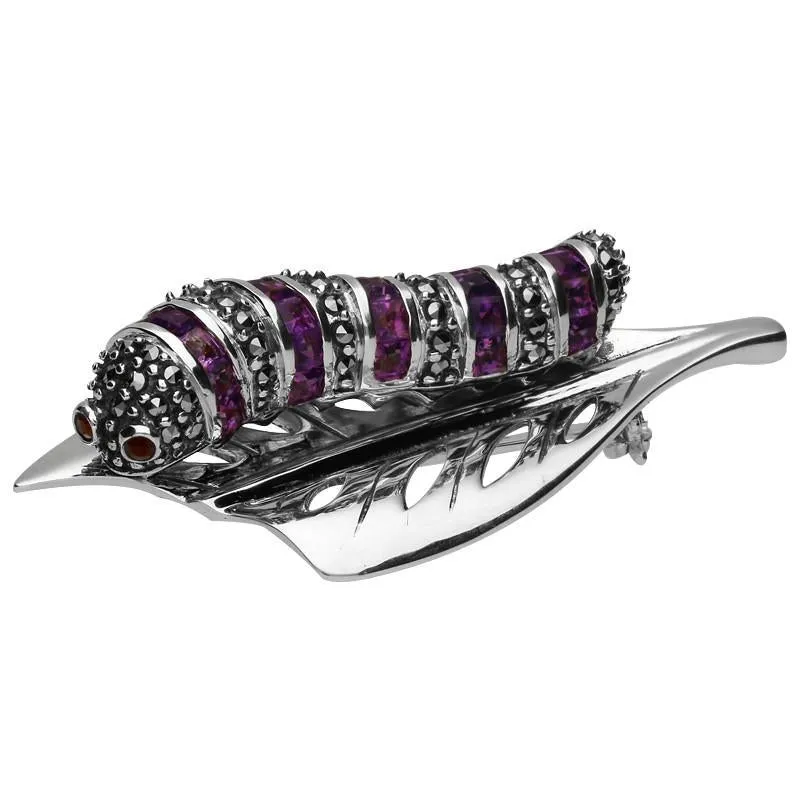 Sterling Silver Marcasite Amethyst Garnet Style & Fashion Caterpillar Leaf Brooch sold by Jura Watches