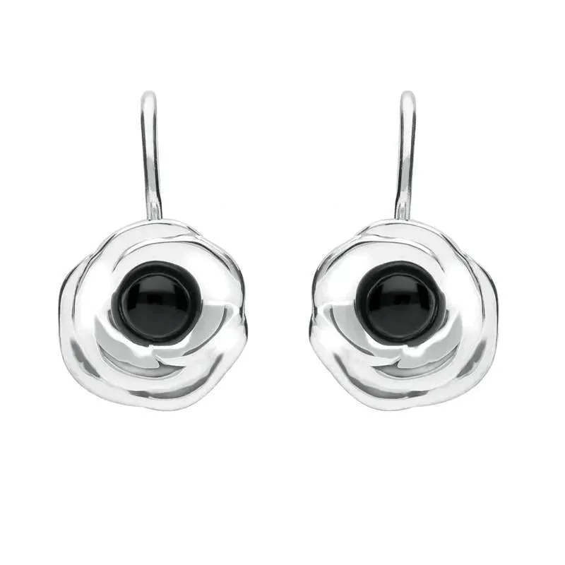 Sterling Silver Whitby Jet Rose Hook Earrings sold by Jura Watches