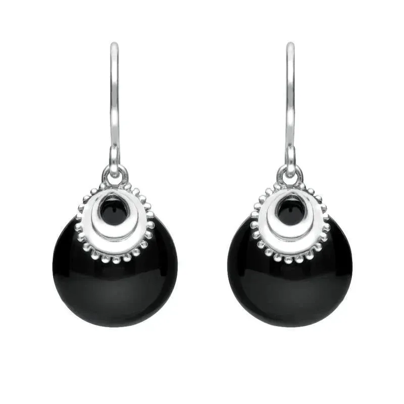 Sterling Silver Whitby Jet Button Cap Drop Earrings sold by Jura Watches