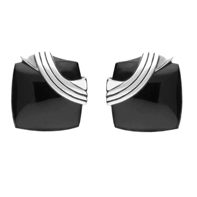 Sterling Silver Whitby Jet Cushion Ridge Stud Earrings sold by Jura Watches