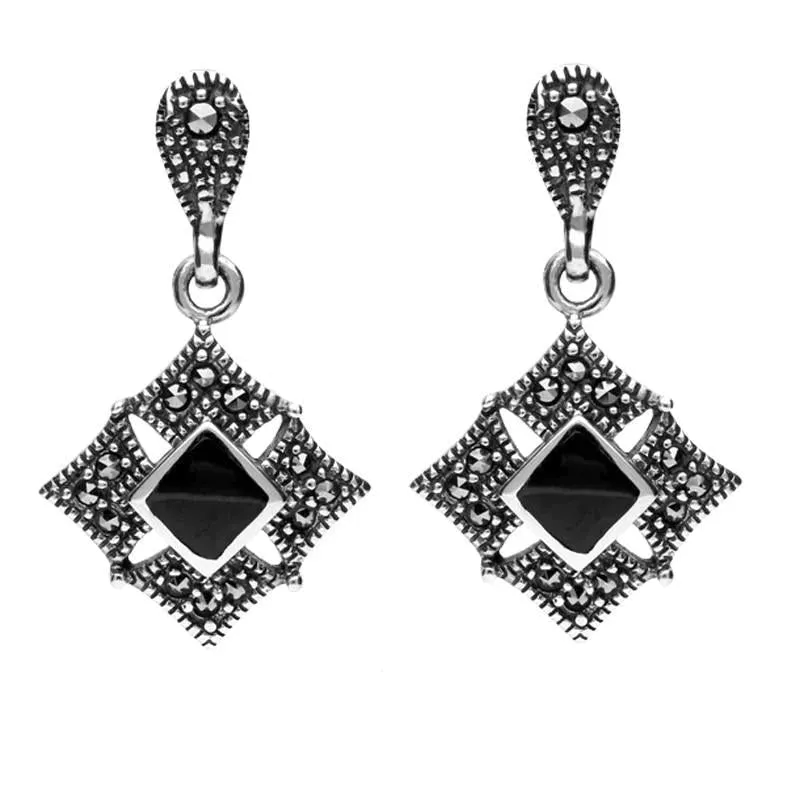 Sterling Silver Whitby Jet Marcasite Square Drop Stud Earrings sold by Jura Watches