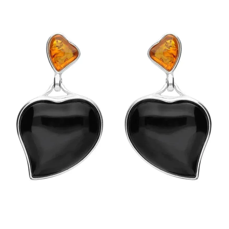 Sterling Silver Whitby Jet Amber Two Stone Heart Drop Stud Earrings sold by Jura Watches