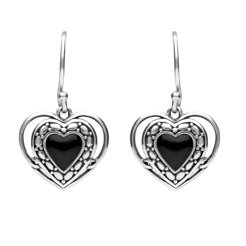 Sterling Silver Whitby Jet Heart in Heart Drop Hook Earrings sold by Jura Watches