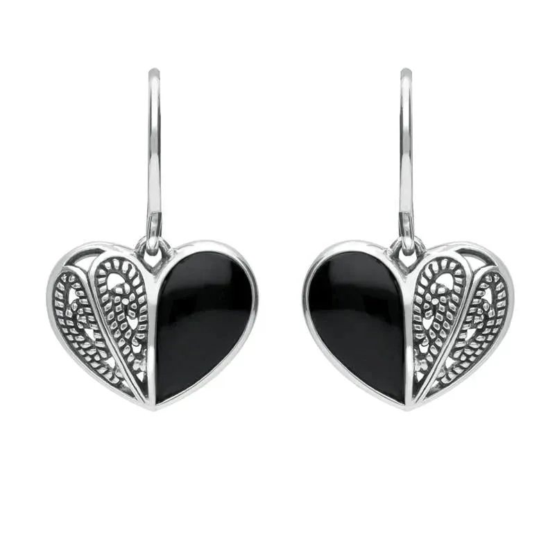 Sterling Silver Whitby Jet Half Stone Heart Hook Earrings sold by Jura Watches