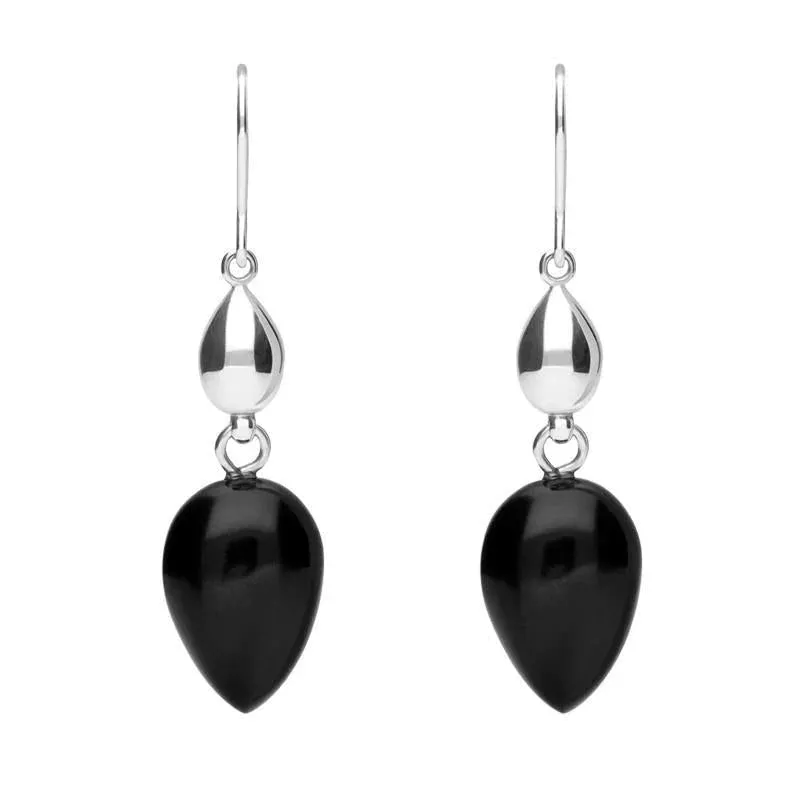 Sterling Silver Whitby Jet Carved Pear Bead Drop Hook Earrings sold by Jura Watches
