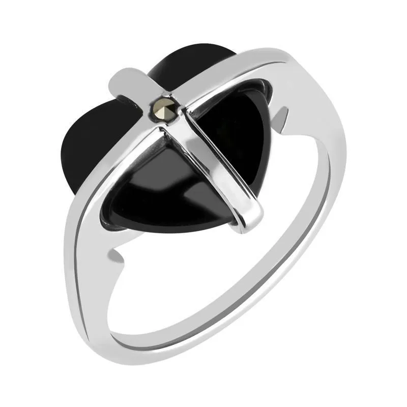 Sterling Silver Whitby Jet One Marcasite Small Cross Heart Ring sold by Jura Watches