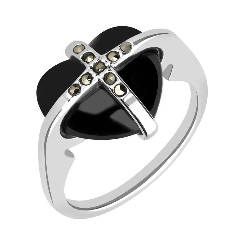 Sterling Silver Whitby Jet Nine Stone Marcasite Small Cross Heart Ring sold by Jura Watches