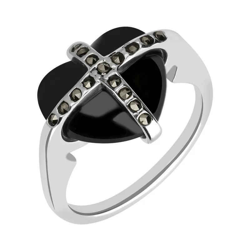 Sterling Silver Whitby Jet Seveteen Stone Marcasite Small Cross Heart Ring sold by Jura Watches