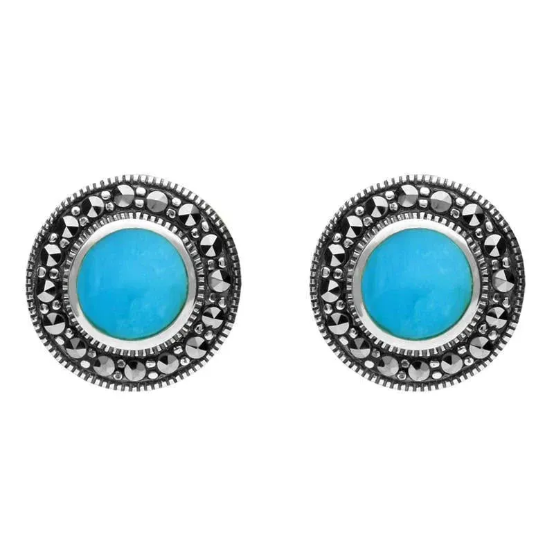 Sterling Silver Turquoise Marcasite Round Beaded Edge Stud Earrings sold by Jura Watches