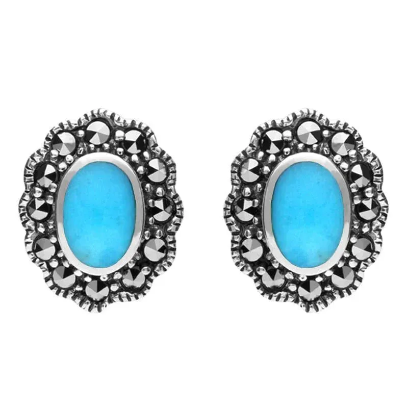 Sterling Silver Turquoise Marcasite Oval Beaded Edge Stud Earrings sold by Jura Watches