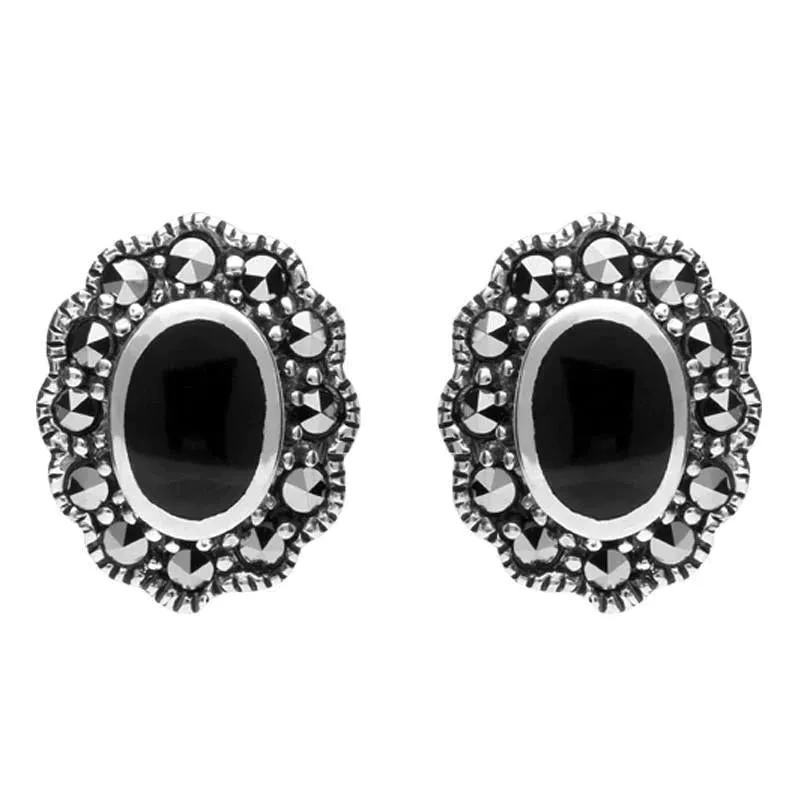 Sterling Silver Whitby Jet Marcasite Oval Beaded Edge Stud Earrings sold by Jura Watches