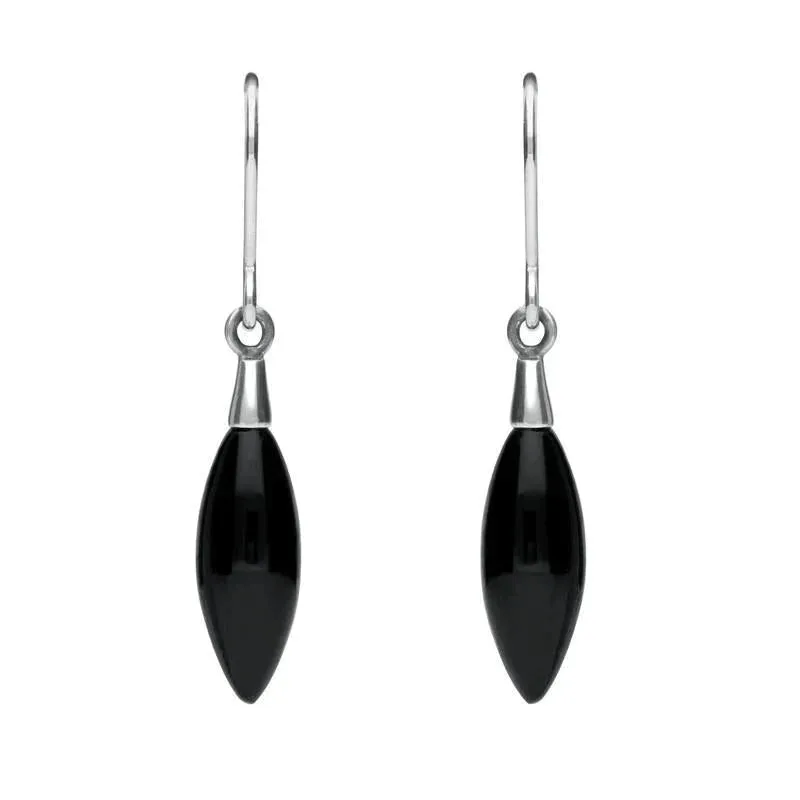 Sterling Silver Whitby Jet Carved Marquise Drop Earrings sold by Jura Watches