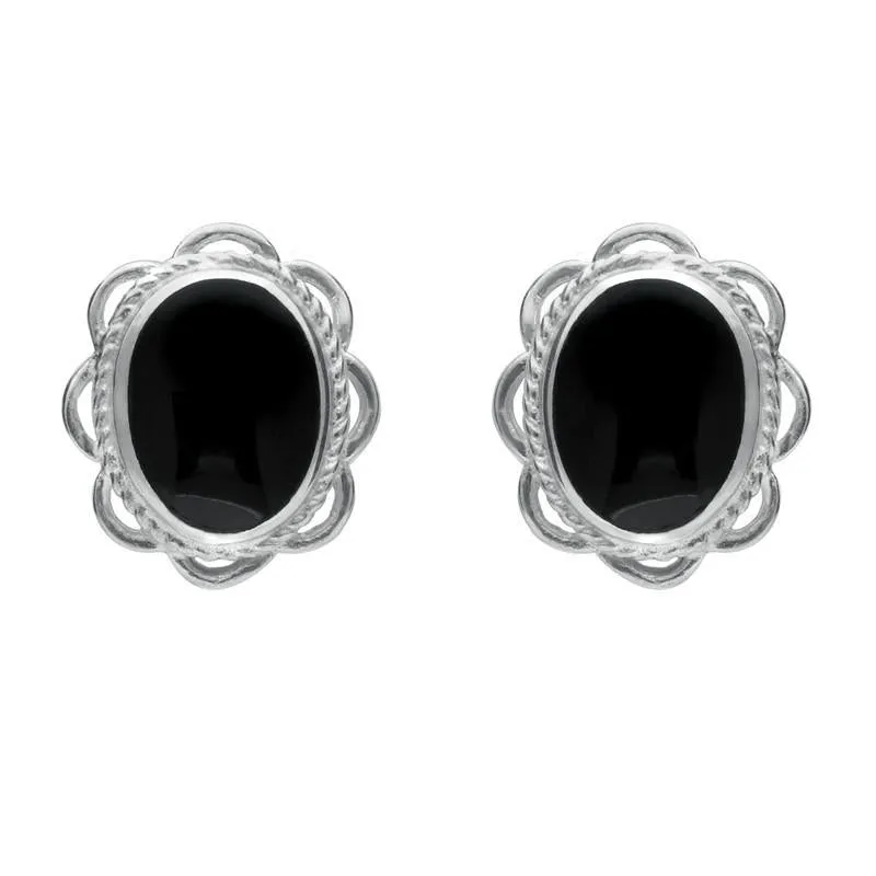 Sterling Silver Whitby Jet Rope Frill Edge Stud Earrings sold by Jura Watches