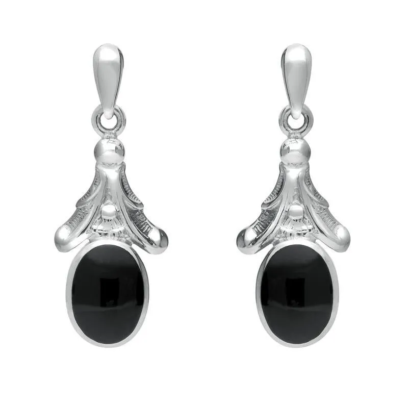 Sterling Silver Whitby Jet Oval Leaf Drop Stud Earrings sold by Jura Watches