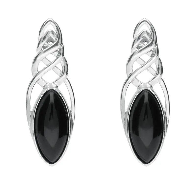 Sterling Silver Whitby Jet Celtic Long Marquise Stud Earrings sold by Jura Watches