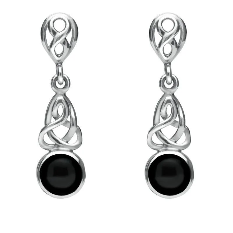 Sterling Silver Whitby Jet Round Celtic Dropper Earrings sold by Jura Watches