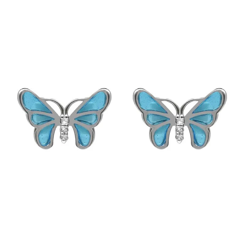 Sterling Silver White Sapphire Blue Enamel Style & Fashion Butterfly Stud Earrings sold by Jura Watches