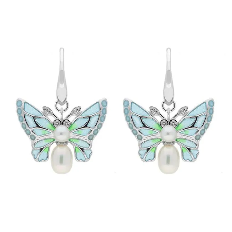 Sterling Silver Diamond Pearl Enamel Style & Fashion Butterfly Drop Earrings sold by Jura Watches