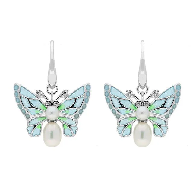 Sterling Silver Diamond Pearl Enamel Style & Fashion Butterfly Drop Earrings sold by Jura Watches