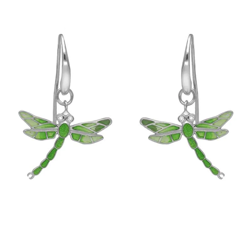 Sterling Silver Diamond Green Enamel Style & Fashion Dragonfly Drop Earrings sold by Jura Watches