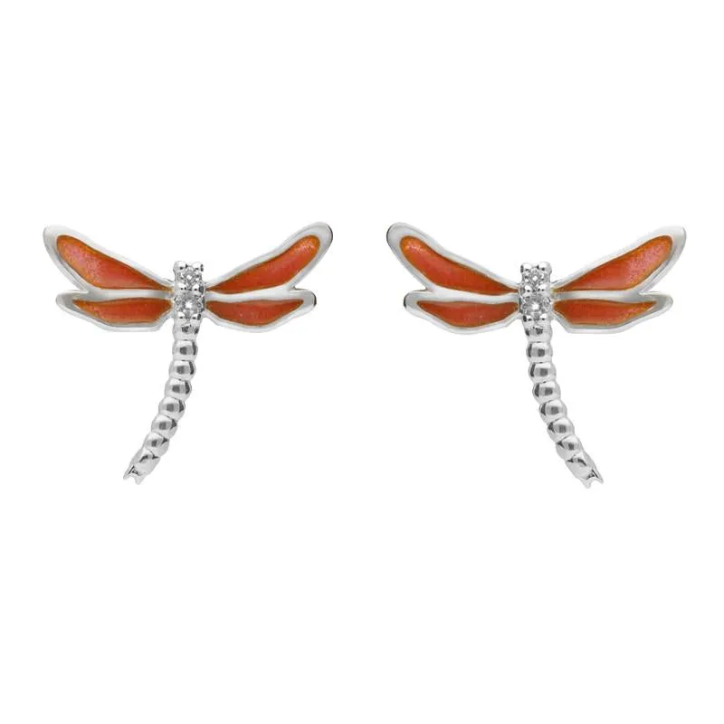 Sterling Silver White Sapphire Red Enamel Style & Fashion Dragonfly Stud Earrings sold by Jura Watches