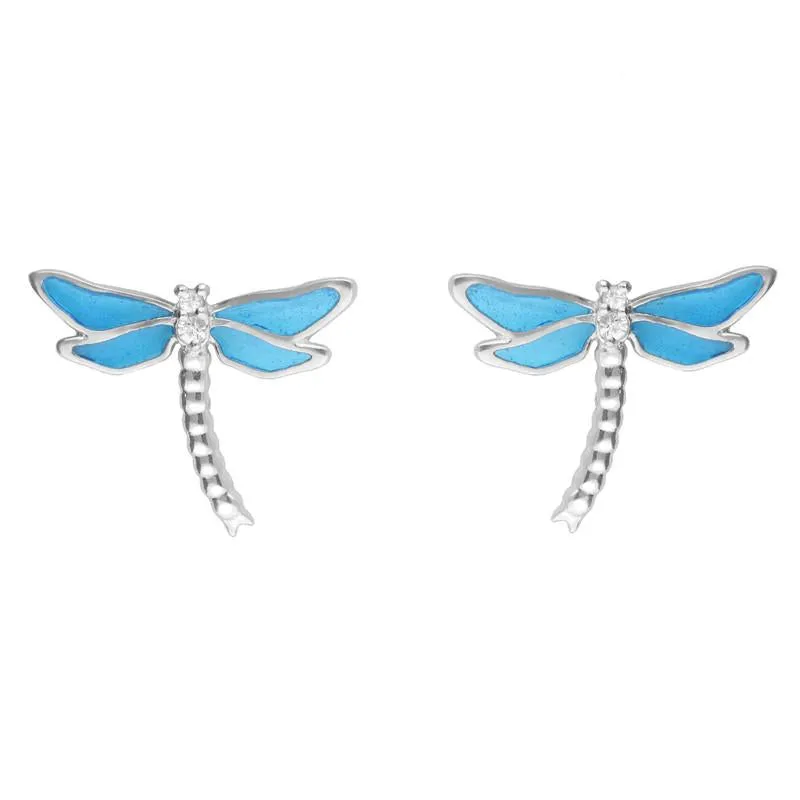 Sterling Silver White Sapphire Blue Enamel Style & Fashion Dragonfly Stud Earrings sold by Jura Watches