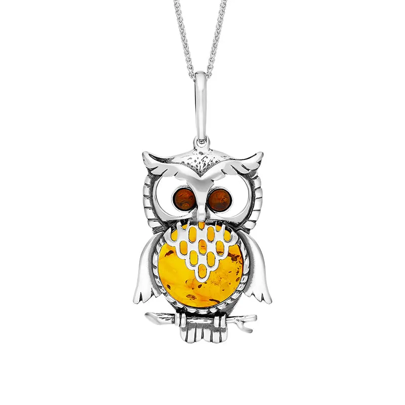 Sterling Silver Amber Large Owl Necklace sold by Jura Watches