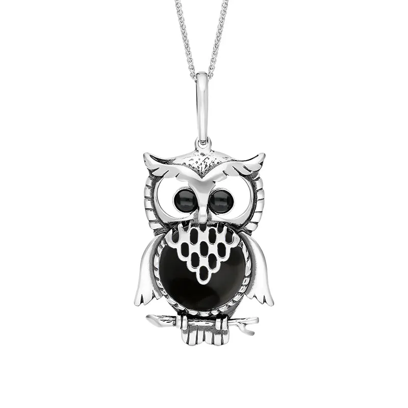 Sterling Silver Whitby Jet Large Owl Necklace sold by Jura Watches