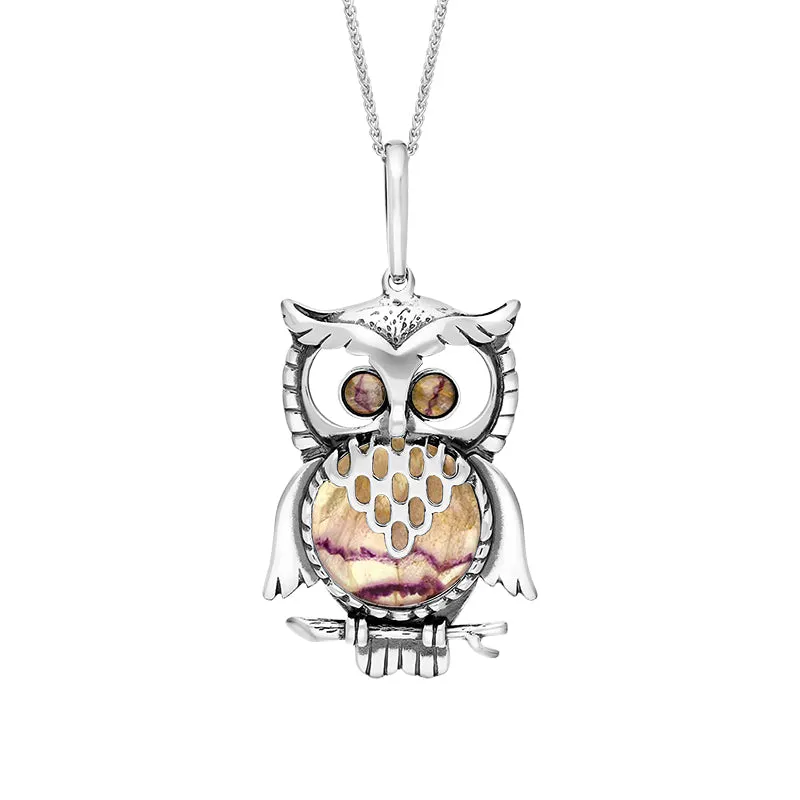 Sterling Silver Blue John Large Owl Necklace sold by Jura Watches