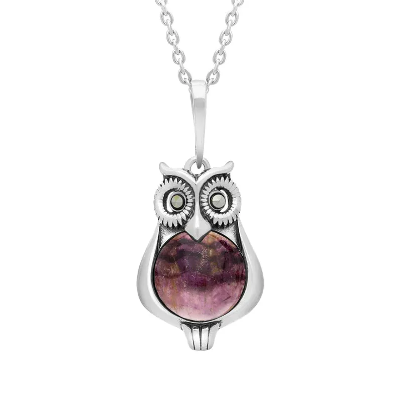 Sterling Silver Blue John Marcasite Small Owl Necklace sold by Jura Watches