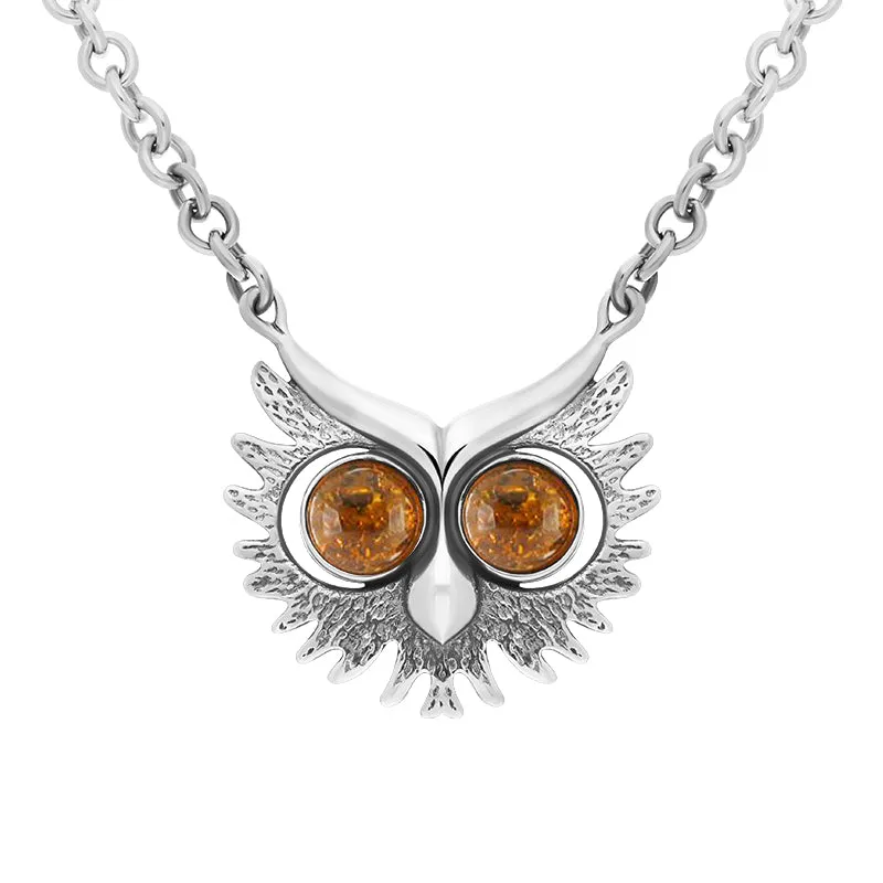 Sterling Silver Amber Owls Face Necklace sold by Jura Watches