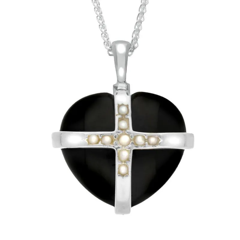 Sterling Silver Whitby Jet Nine Pearl Large Cross Heart Necklace sold by Jura Watches