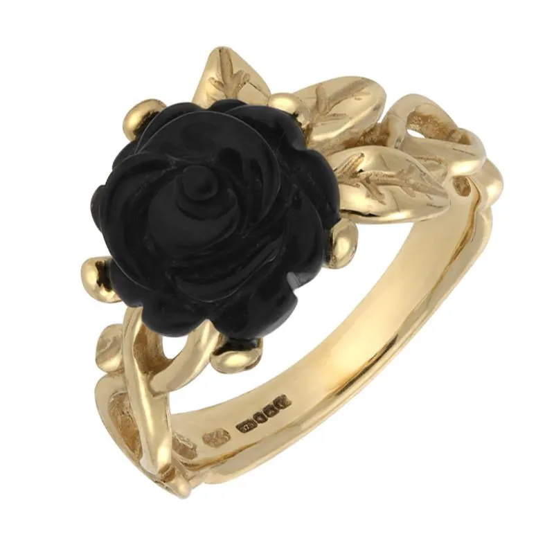 9ct Yellow Gold Whitby Jet Tuberose 10mm Rose Leaf Twist Ring sold by Jura Watches